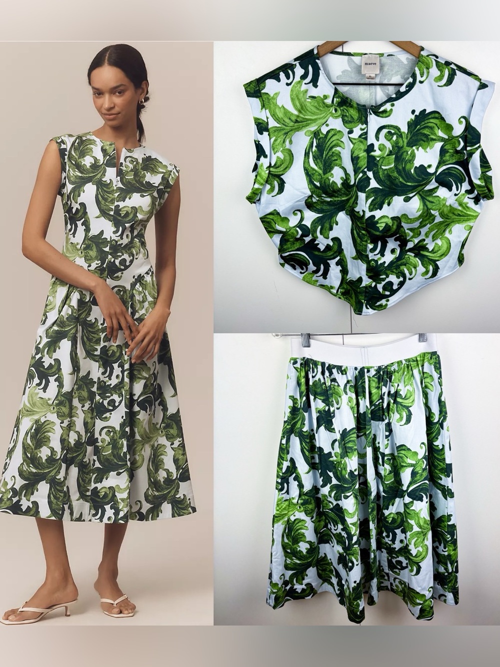 Anthropologie Maeve Leaf Green Blue Top A Line Midi Skirt Set Tropical Resort
